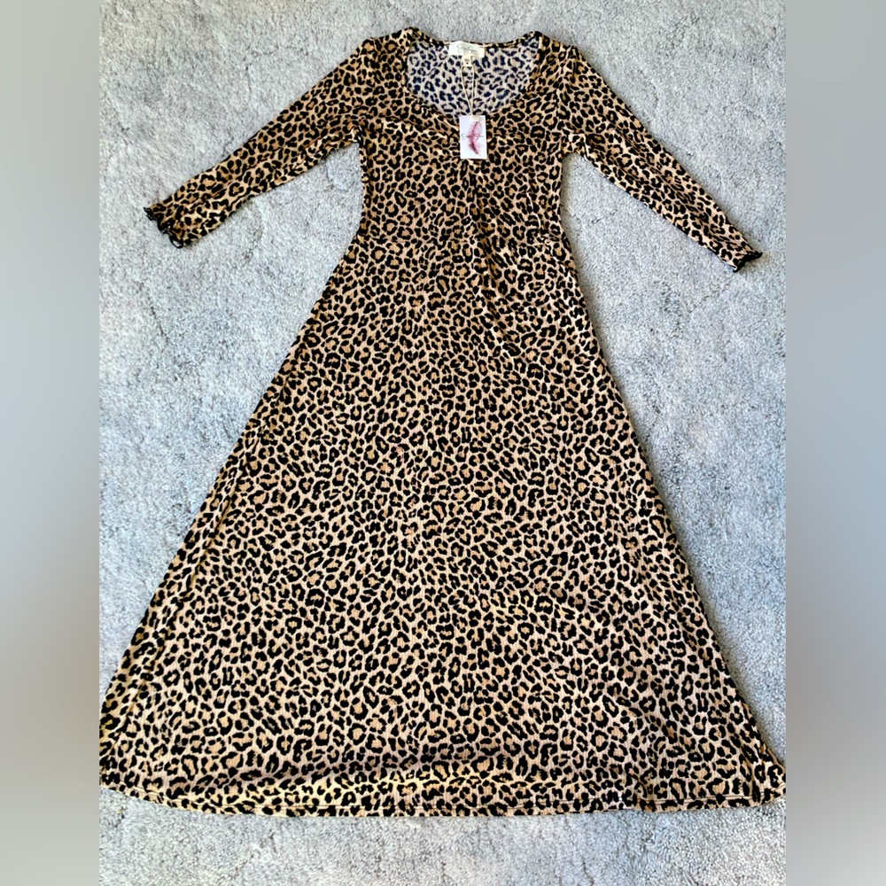 Jessica Simpson Leopard Cheetah Print MIDI Dress 3 Quarter Sleeve Size M